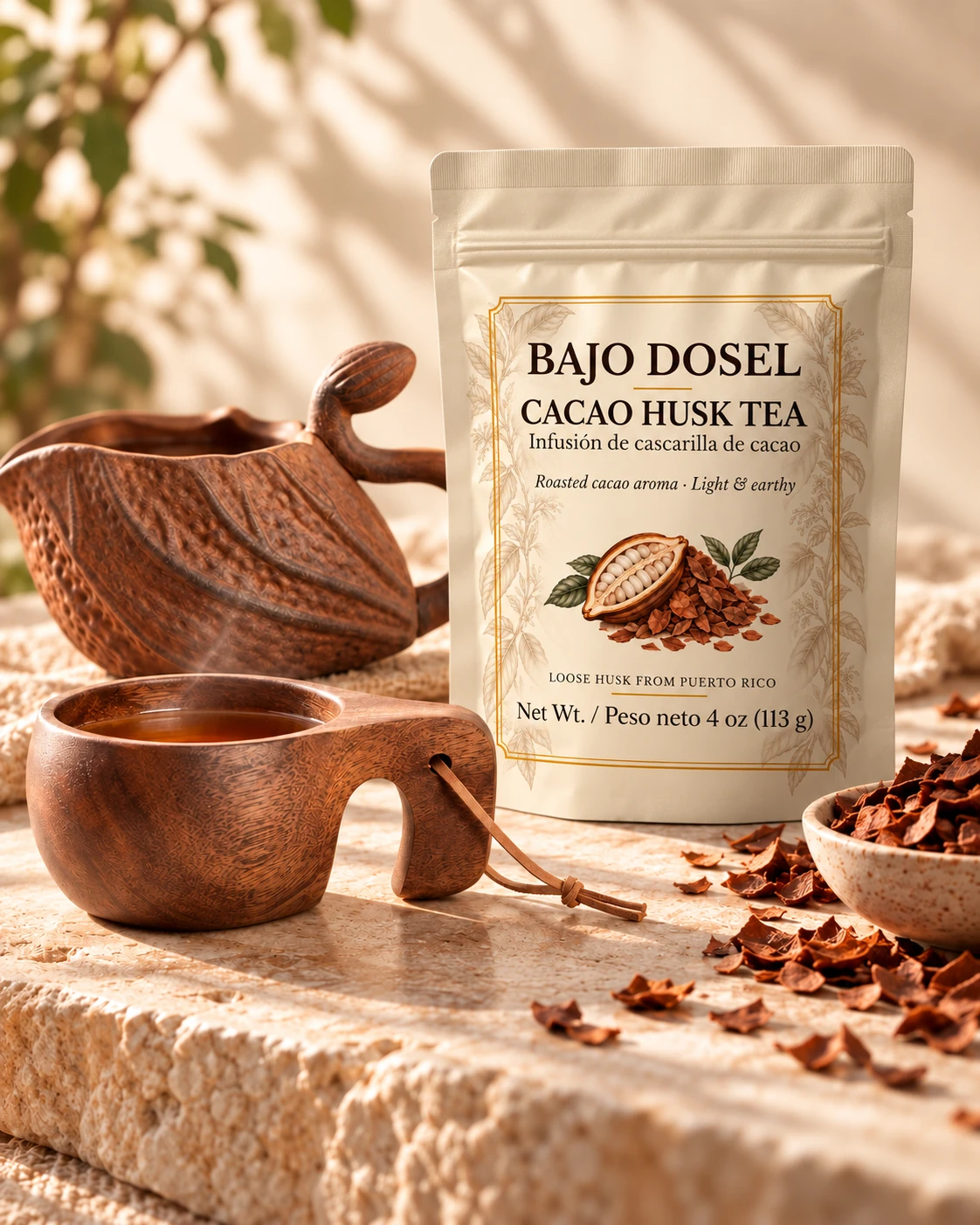 BAJO DOSEL cacao husk tea with the exact printed cream pouch, brewed infusion and cacao husk