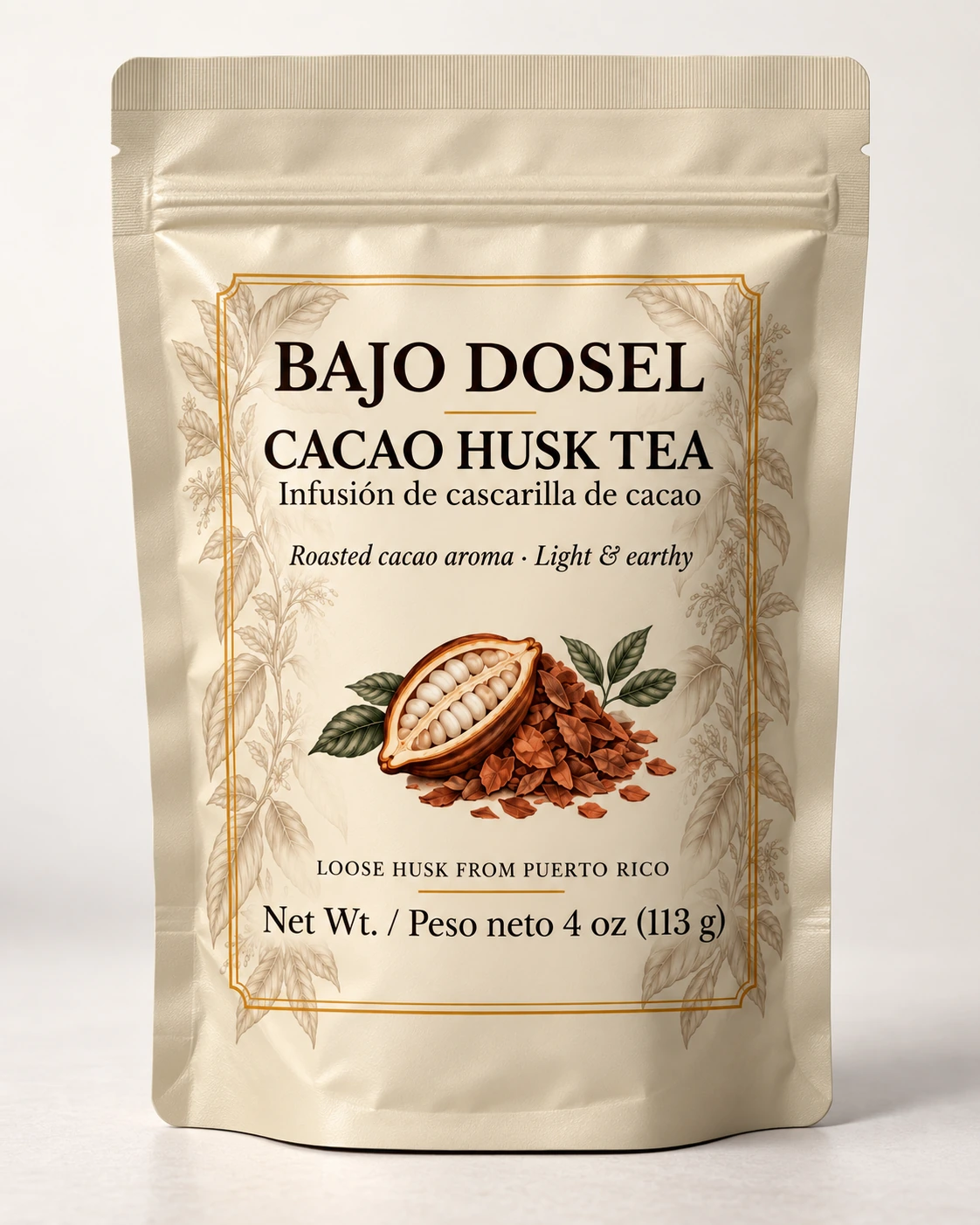 BAJO DOSEL cacao husk tea pouch rendered as a realistic cream stand-up pouch, Puerto Rico origin, 4 oz